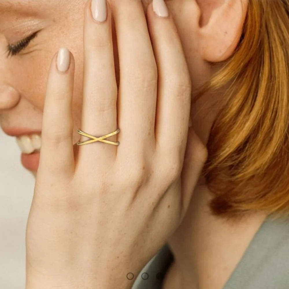 Gold Ring Double Band Cross X Shape Contemporary Fashion Jewelry In Gift Box